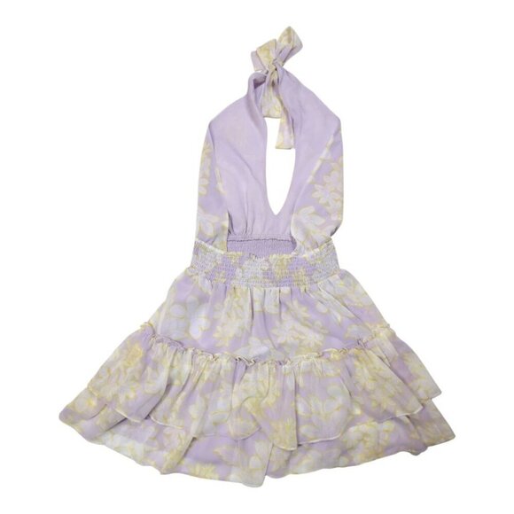 WAYF Dress Mabel Lavender Tropical Halter Coquette Ruffle Smocked Party Lined S - Picture 2 of 15